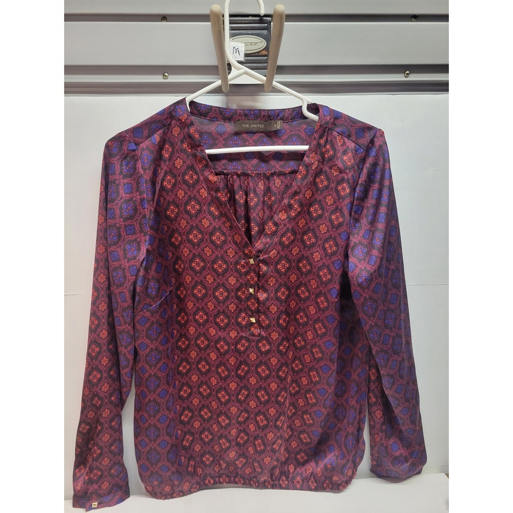 The Limited Women's Burgundy‎ Blue Geometric Print V Neck Button Accent Blouse M